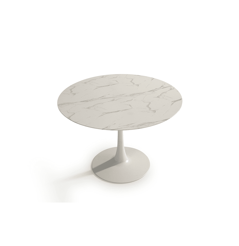 שולחן עגול עם פלטה דמוי שיש לבן